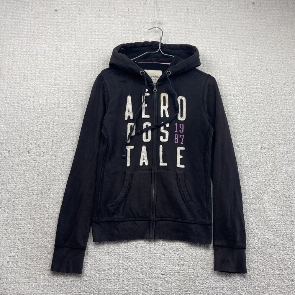 Vintage Y2K Aeropostale Zip Up Hoodie Black Retro Spell out Logo Women Sz M*